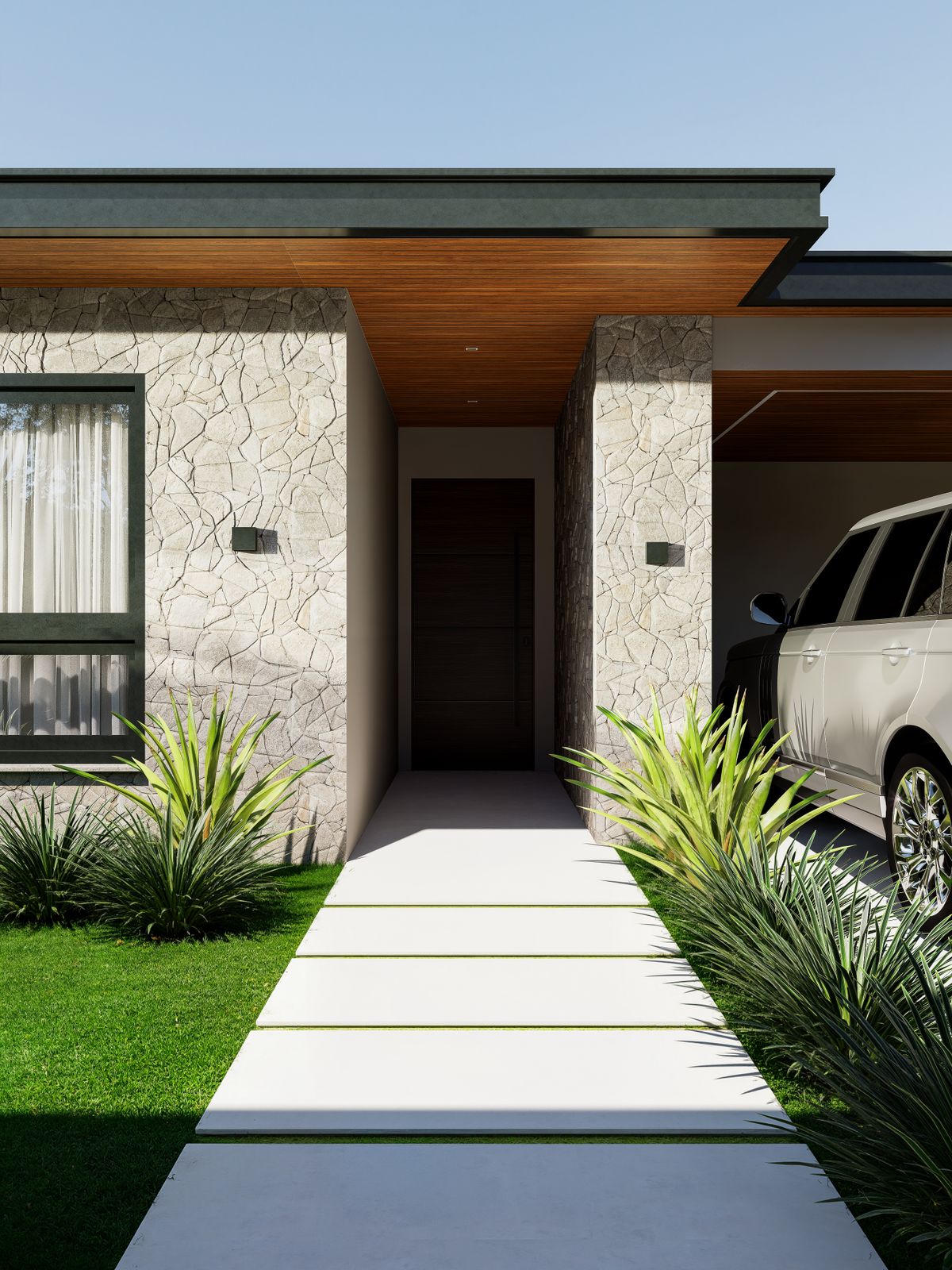 Modern house exterior with carport