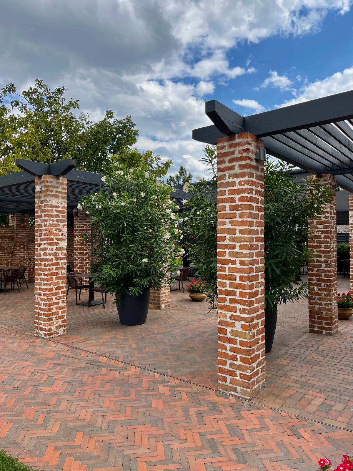 Covered outdoor patio with seating