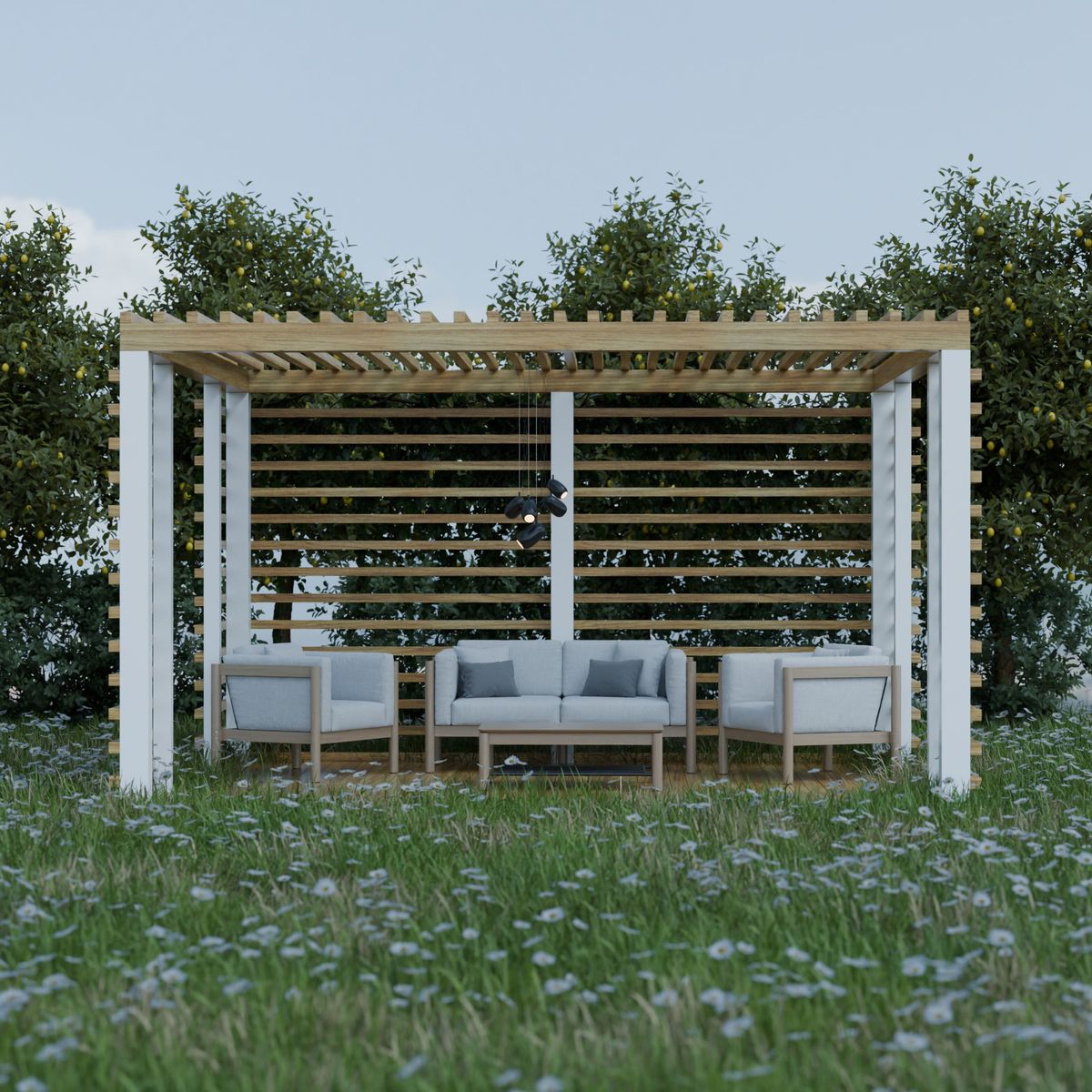 Modern outdoor pergola with seating area